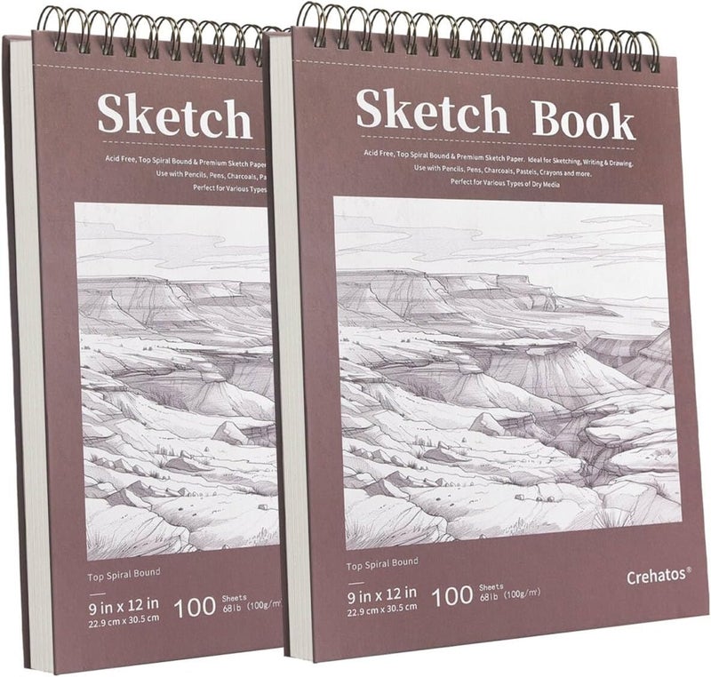 Crehatos 9" x 12" Sketch Book, Top Spiral Bound Sketch Pad, 100 Sheets Each 68lb/100gsm Drawing Paper, 2 Pack - Image 1